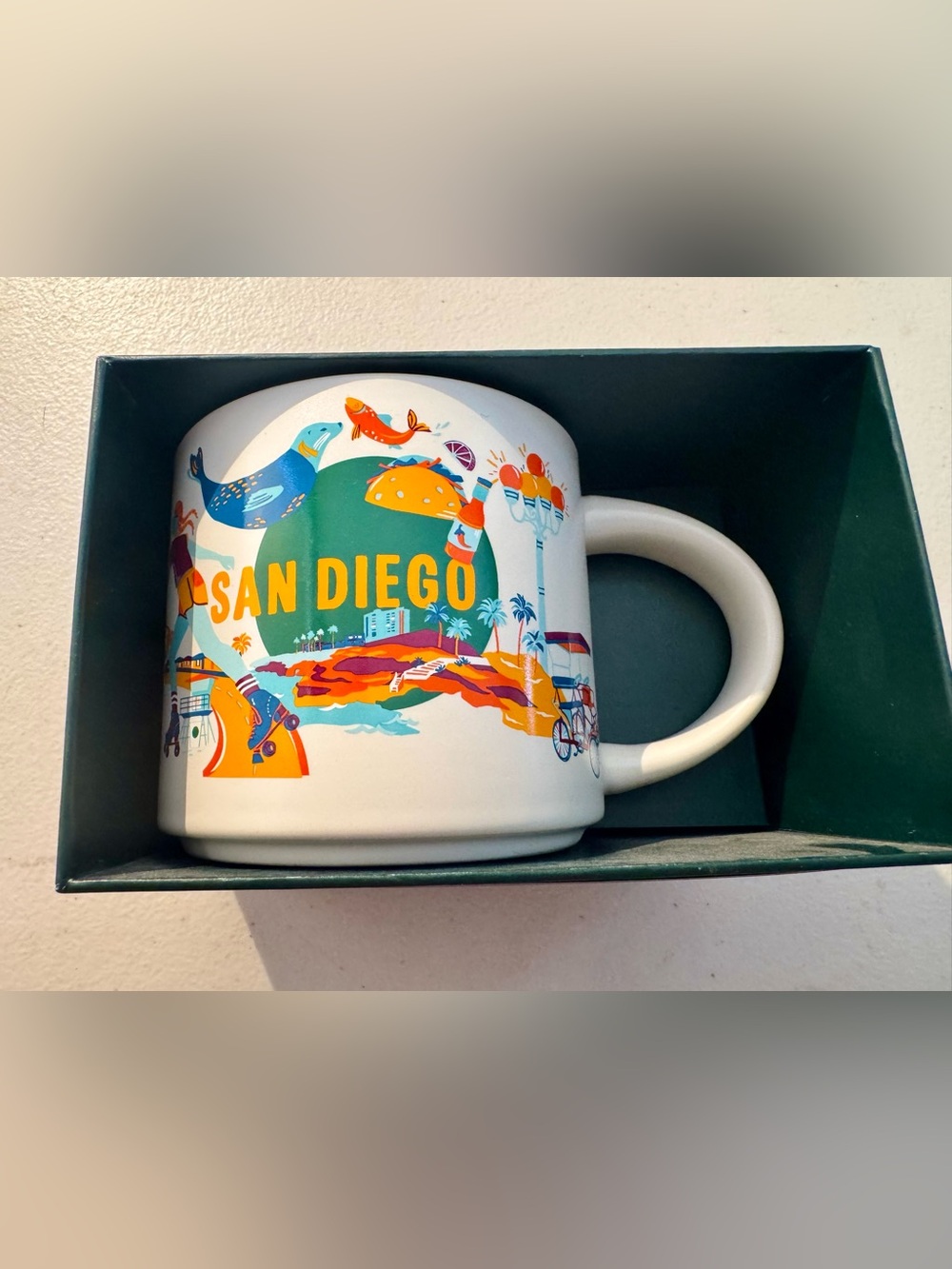 Starbucks San Diego Mug - White with Green, Orange, Blue and Yellow Artwork